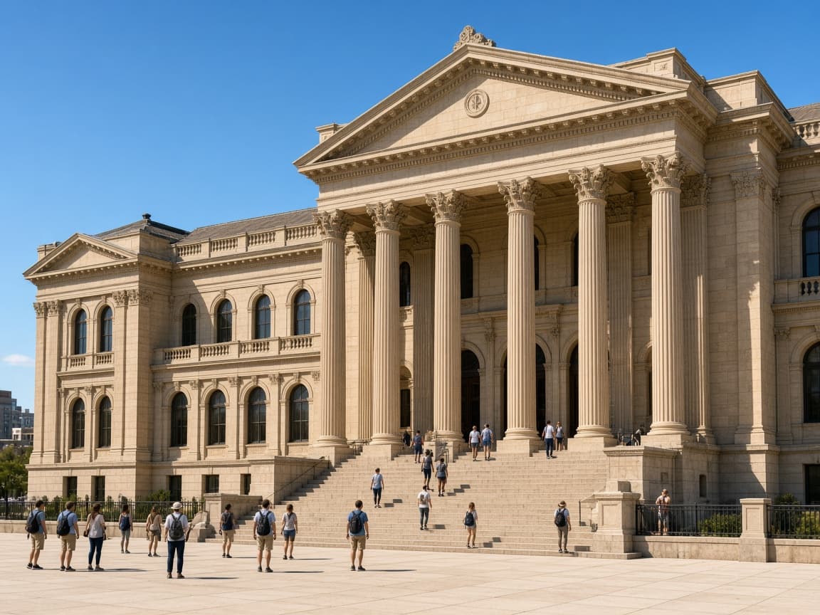 Historic civic landmark with classical stone columns and architecture