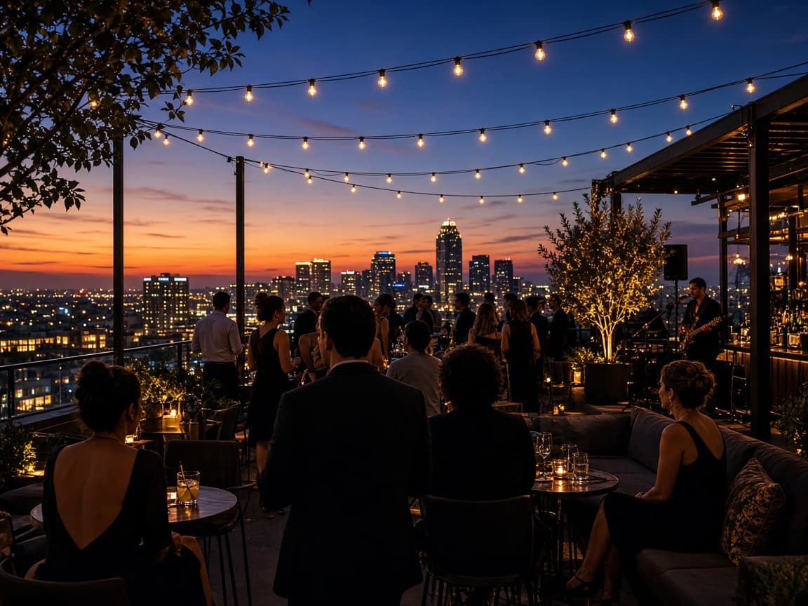 Evening rooftop lounge with warm lights and city views