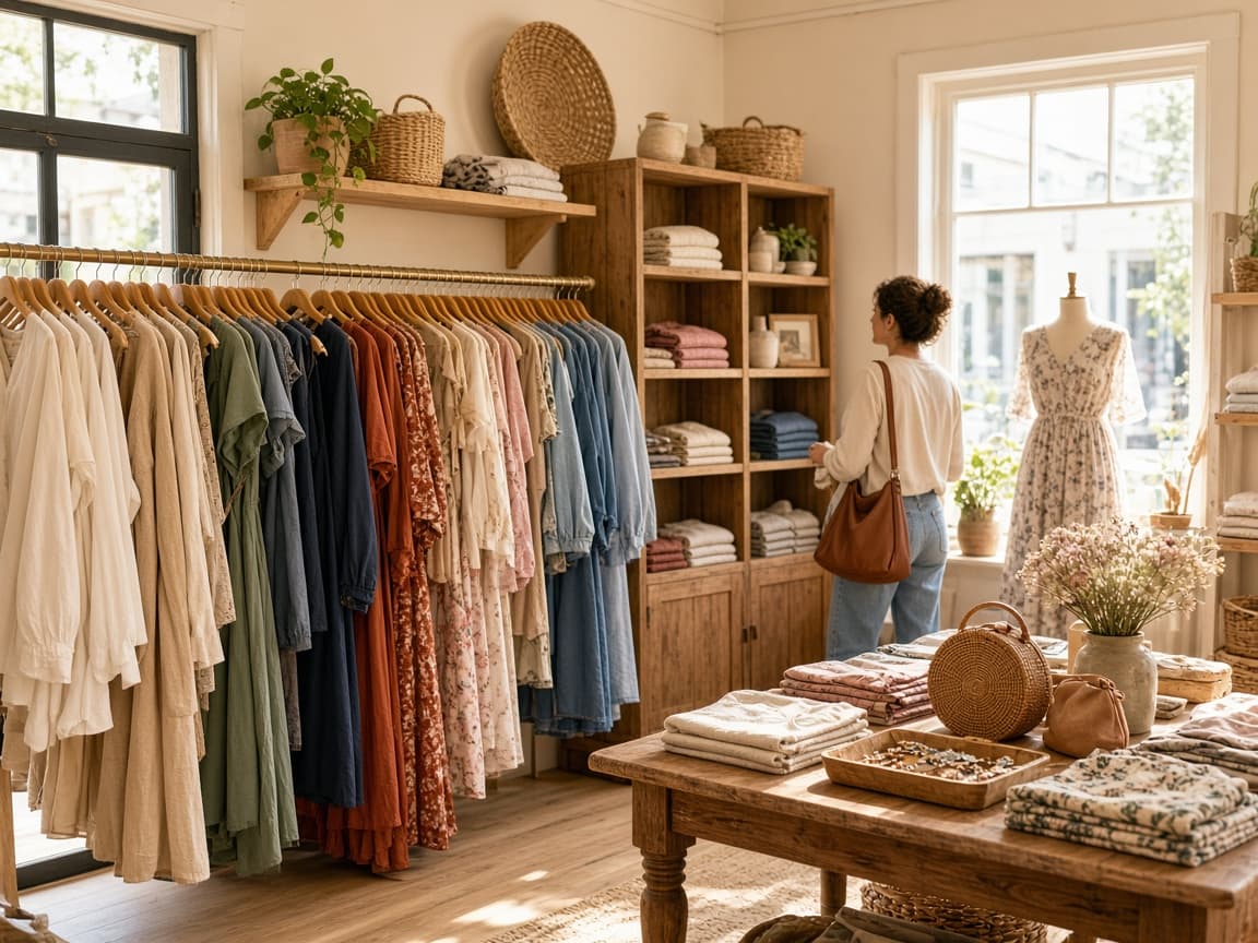 Independent boutique clothing racks and curated retail displays